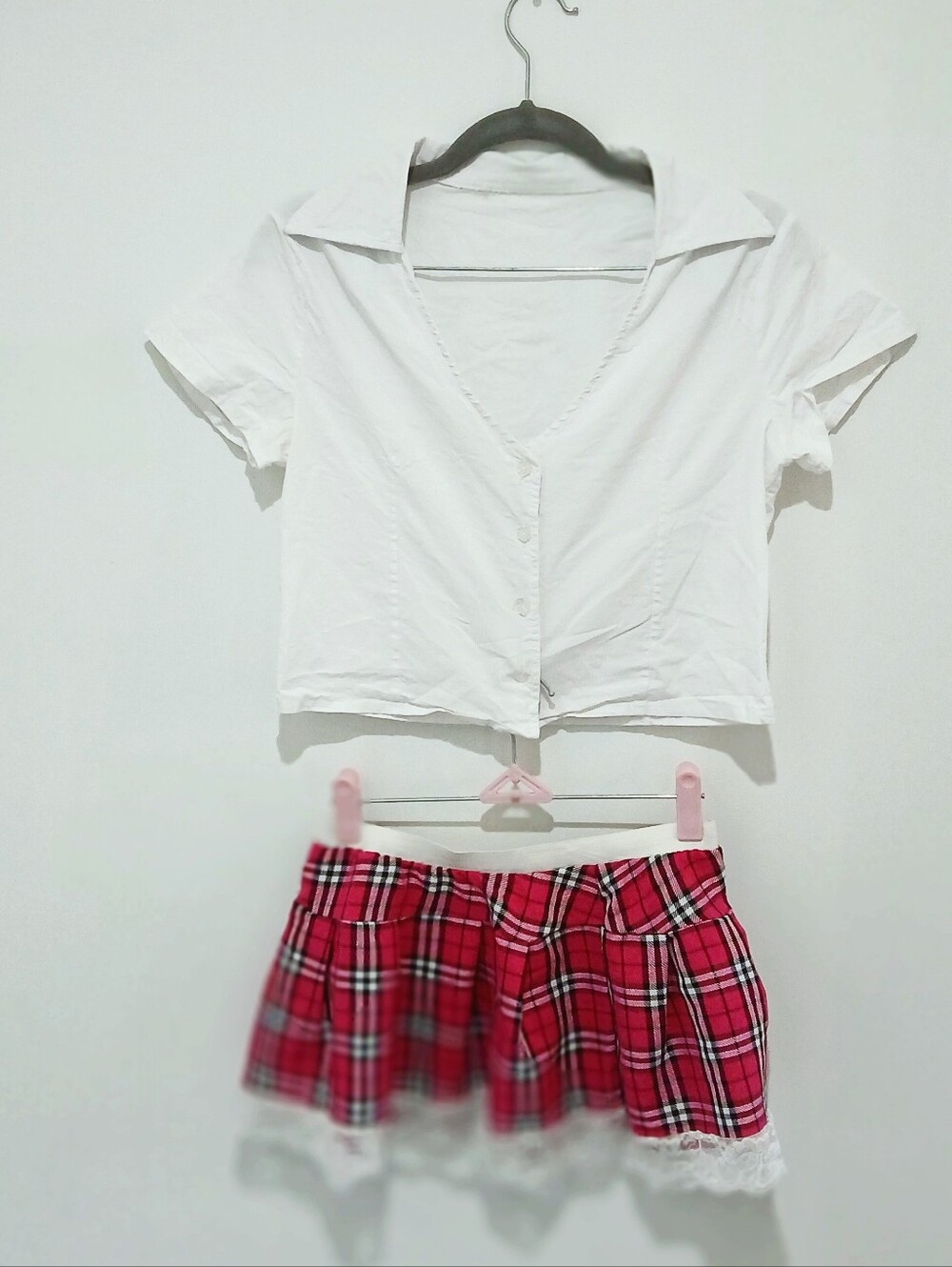 Sexy School Uniform Halloween Costume White Top, Pink Plaid Lace Trim Mini Skirt